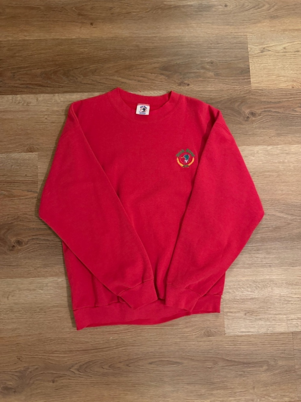 Duck Head Red Crewneck Sweatshirt with Small Embroidered Chest Logo